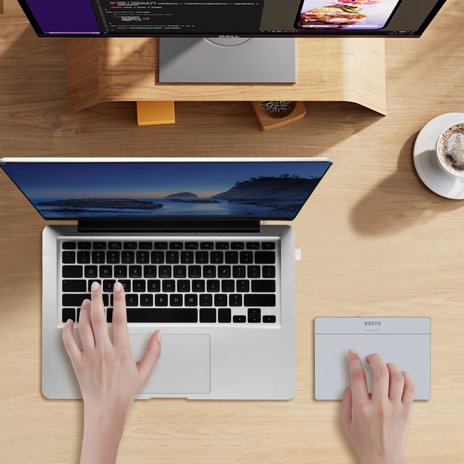 BOSTO T02 Touchpad com fio e sem fio 2.4G e BT e USB Vidro temperado ultrafino compatível com sistema Mac / Windows 10/11