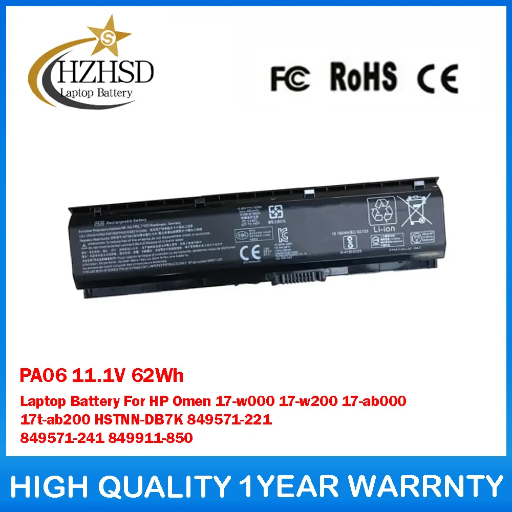 

PA06 11.1V 62Wh Laptop Battery For HP Omen 17-w000 17-w200 17-ab000 17t-ab200 HSTNN-DB7K 849571-221 849571-241 849911-850