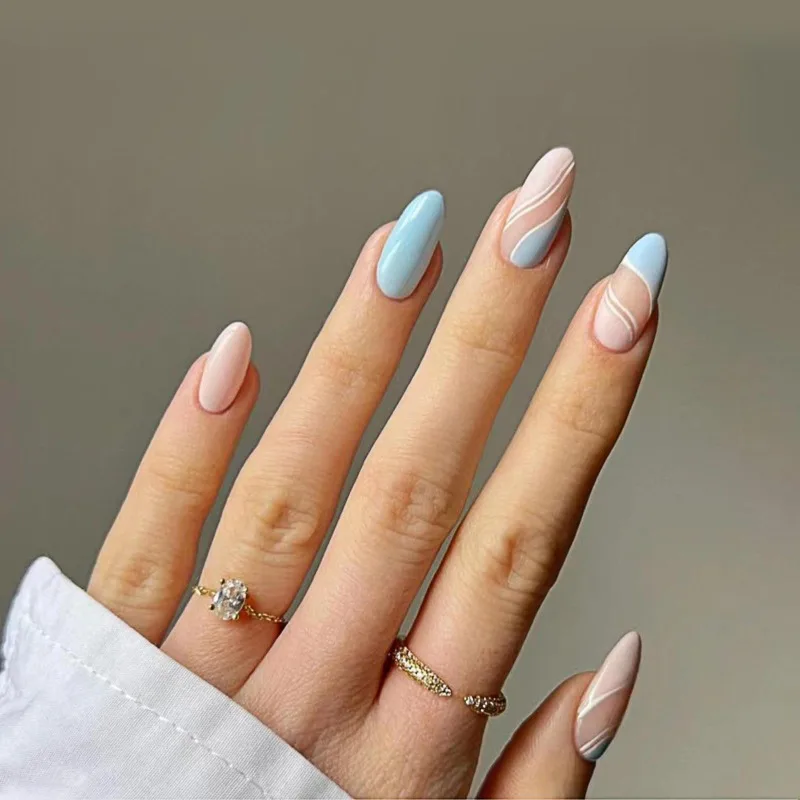 Blue Wave French Press On Nails Rhinestone Crystal L Size Handmade False Nails