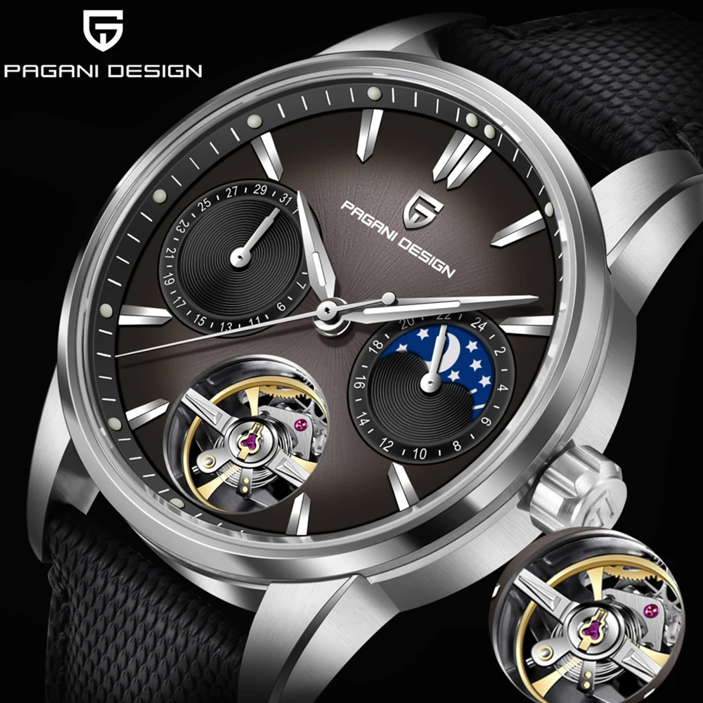PAGANI DESIGN 2025 جديد الطيار 41 مللي متر ساعة ميكانيكية للرجال الياقوت الزجاج Moonphase الجلود 10bar مقاوم للماء reloj hombre