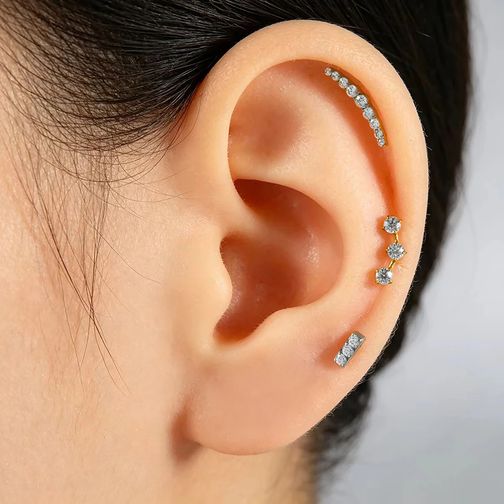 1 Stück Halbmond-Ohrring mit vielen Zirkonia-Steinen, 16G G23 Implantat-Titan, CZ-Pavé, flache Rückseite, für Knorpel, Tragus, Conch, Rook – Detail 1