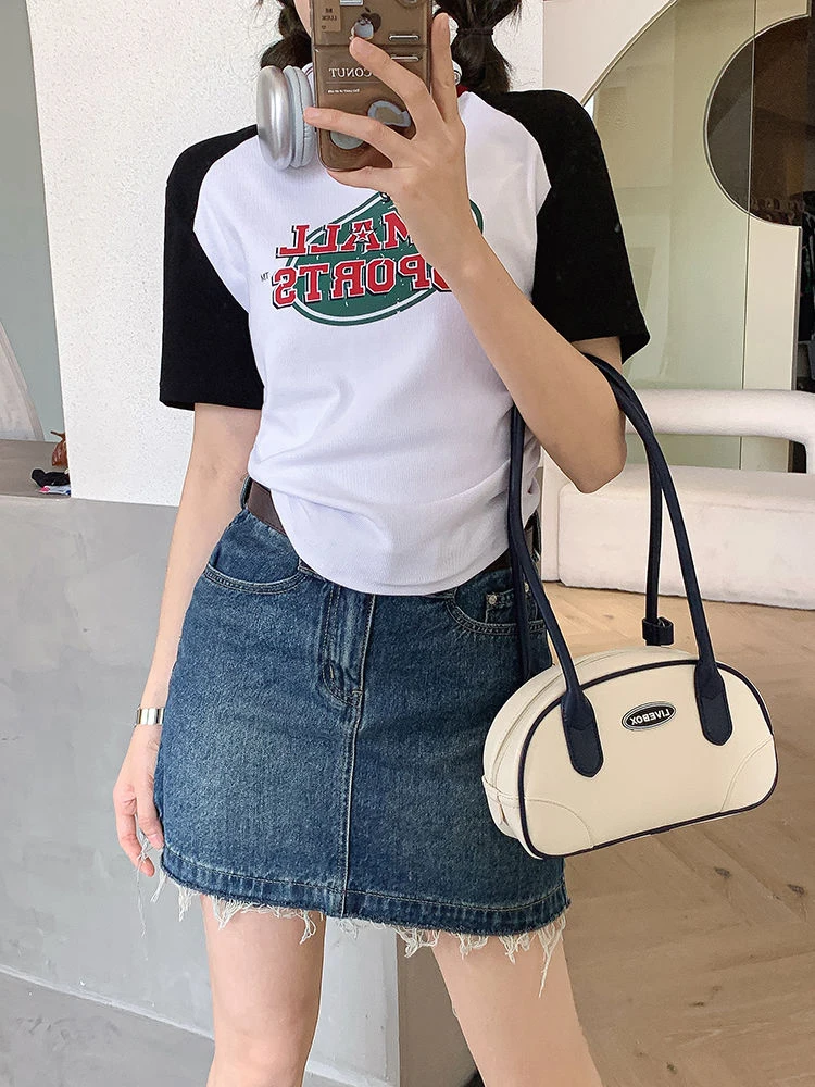 

Vintage Top Women Fashion Letter T-shirts Female Harajuku Y2k Patckwork Short Sleeve Tshirt Ladies Casual Loose Tees Streetwear