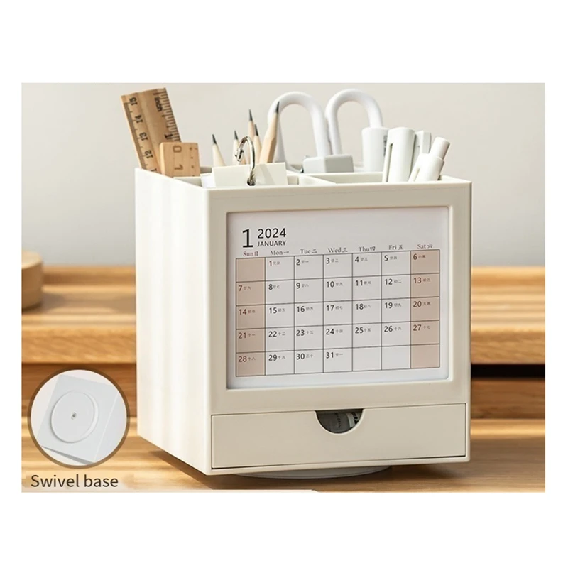 Pencil Desk Organizer Calendar 2024 Desk Calendar , 360° Rotating Pencil Holder & Makeup Brush Pen Holder For Office Easy To Use