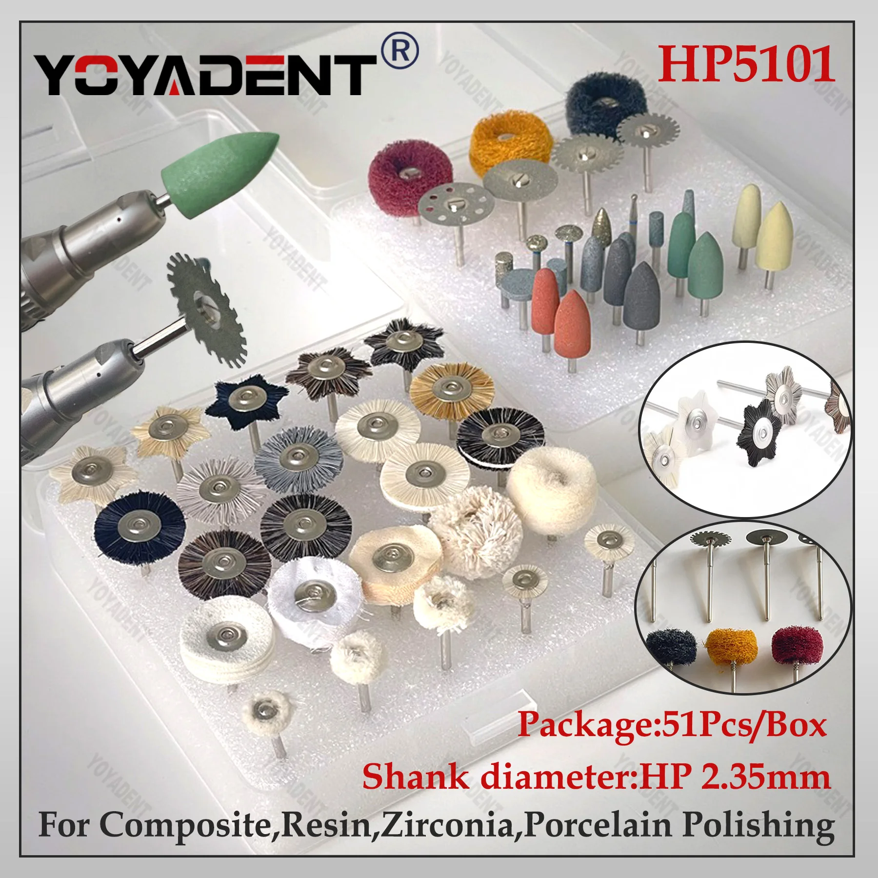 

51Pcs Hp Polishing Kit 2.35mm Low-Speed Polishing Brush Diamond Pads Suitable Fit Ceramic Polish Teeth Whiting HP5101