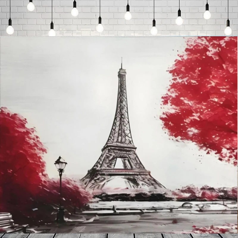 

Vintage Paris Eiffel Tower Backdrop Watercolor Red Maple Leaf Street Lamp Bridge Hole Photography Background Party Decorate