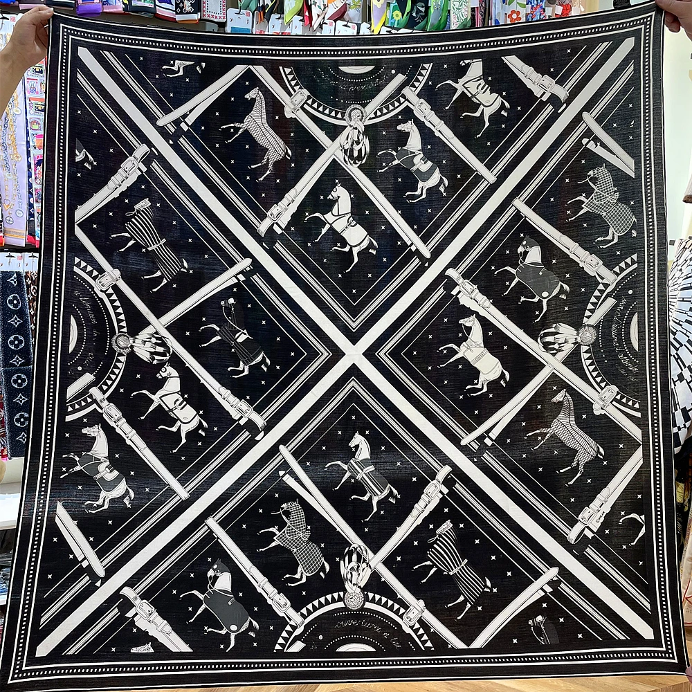 

135CM Silk Cashmere Scarf Women Hand Rolled Shawl Plaid Horse Print Square Scarves Wraps Lady Bandana Big Hijabs Female Foulards