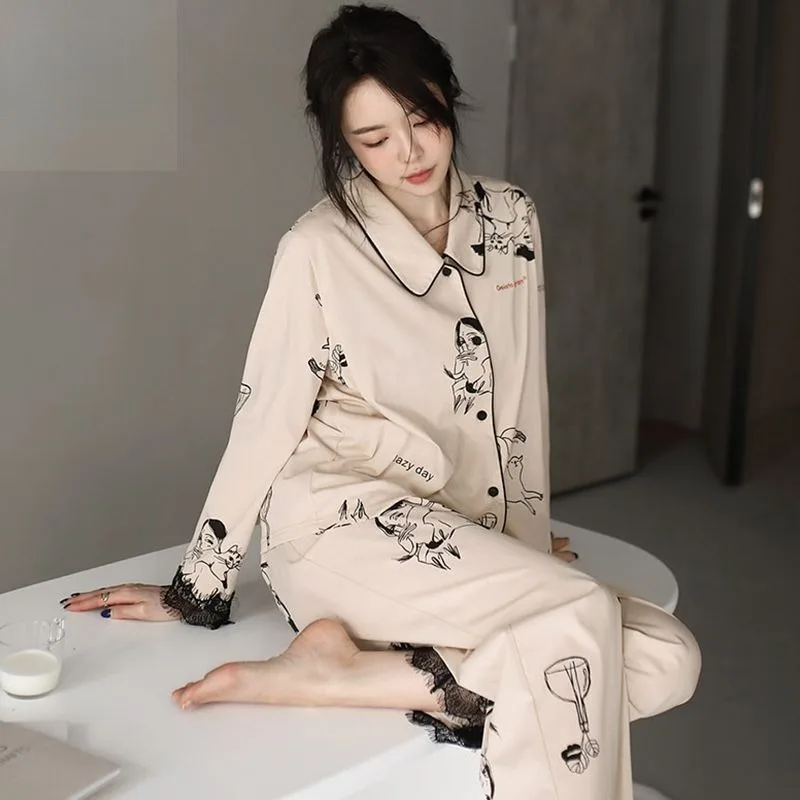 2024 New Pajama Women's Thin Spring Autumn Lace Edge Sleepwear Pure Cotton Long Sleeved Pants Flip Collar Cardigan Homewear Set