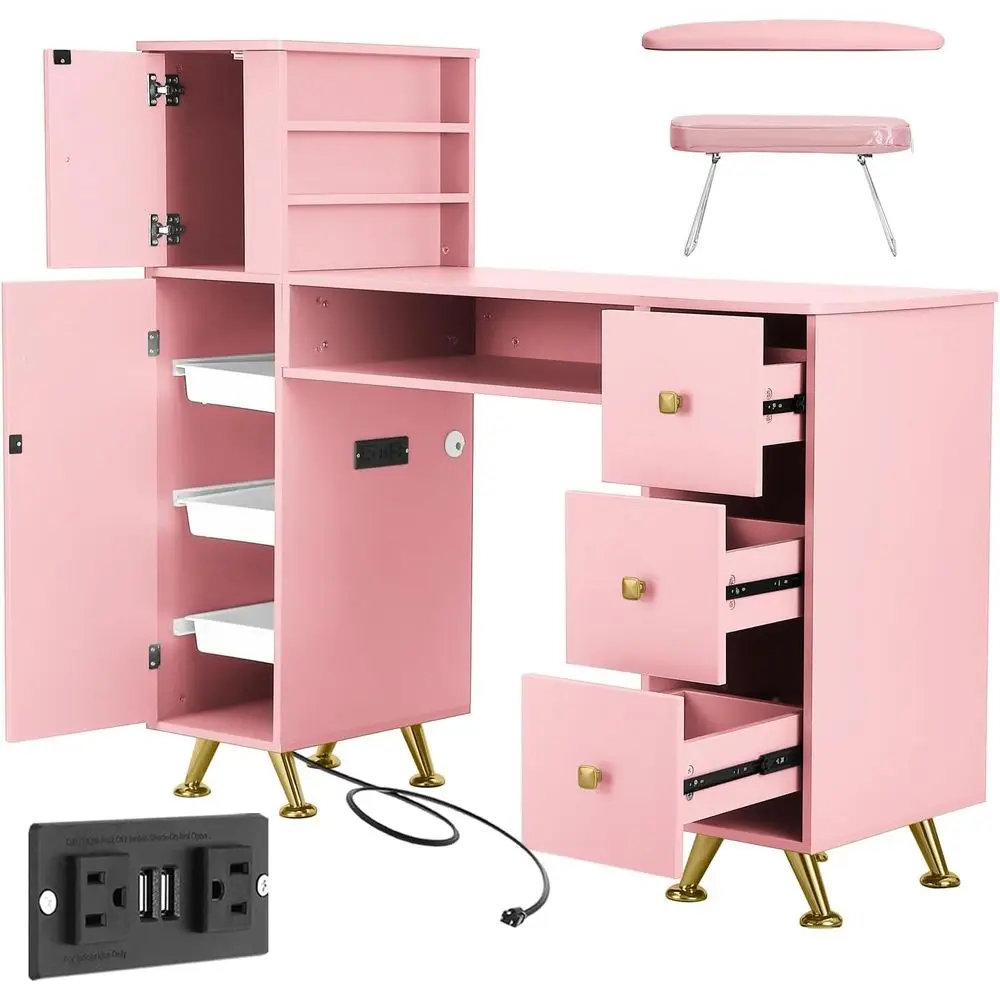 

Розовый маникюрный стол для мастера, стол для маникюра или макияжа, маникюрная станция или стол для салона красоты, с 2 подставками для рук, выдвижной.