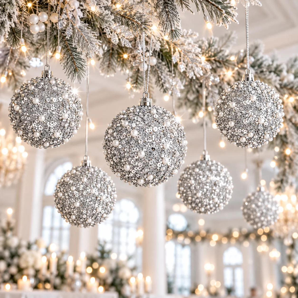 Luxury Silver Sequin & Pearl Christmas Ball Ornaments – 6-Piece Set 1