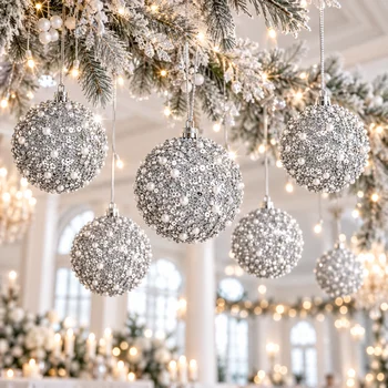 Luxury Silver Sequin & Pearl Christmas Ball Ornaments – 6-Piece Set 1