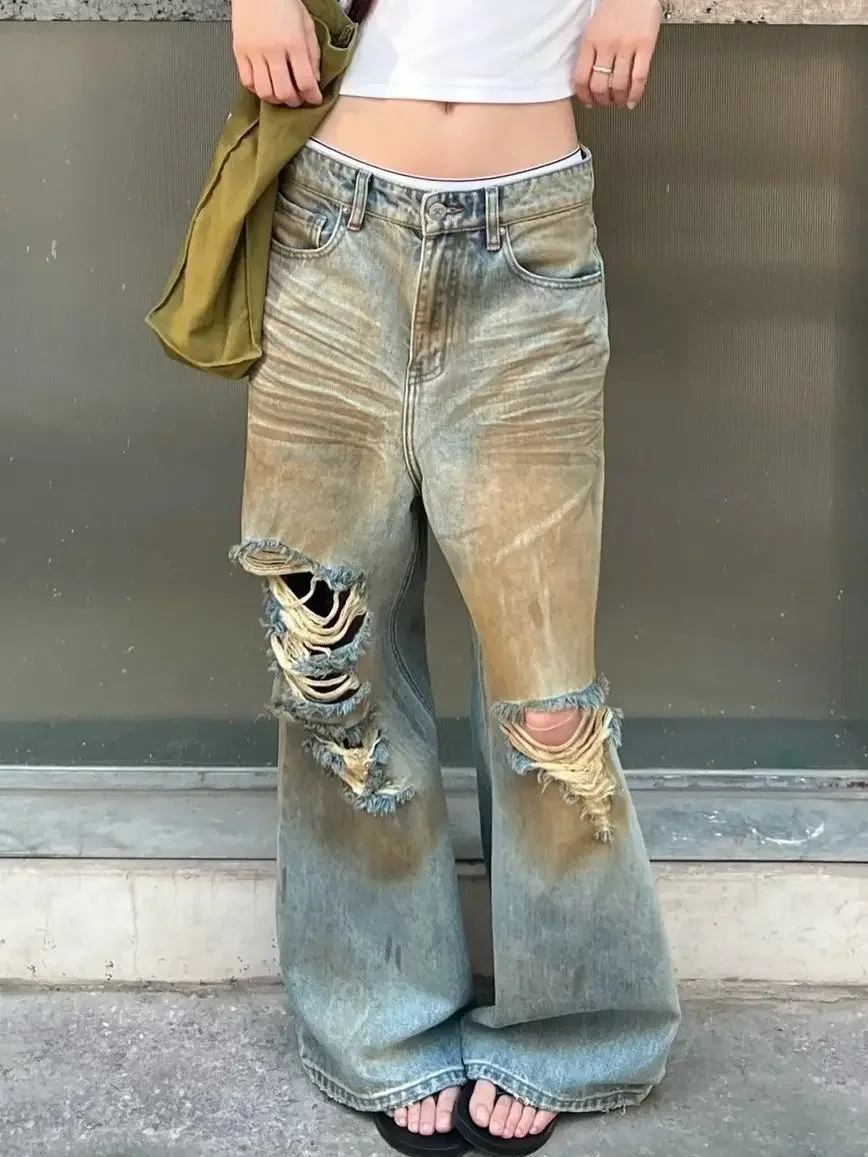Streetwear Baggy Ripped กางเกงยีนส์ผู้หญิง Harajuku 90s Aesthetic Denim กางเกง Y2k Vintage Jean Cargo กางเกงขากว้าง Pantalones
