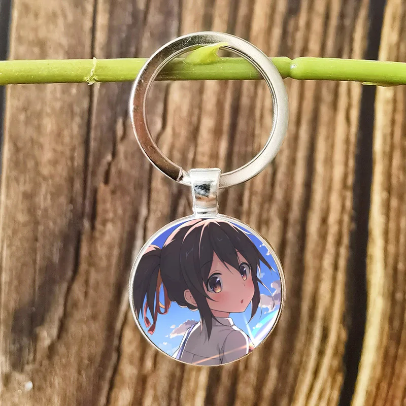 Your Name Anime Poster Keychain Kimi No Na Wa Miyamizu Mitsuha Glass Cabochon Alloy Key Chain Couple Key Ring Gift