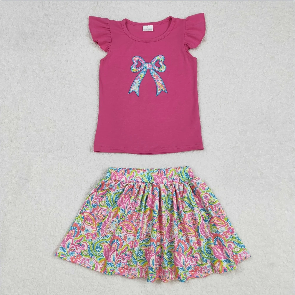 

New Embroidery Baby Girls Pink Bow Shirts Shorts Skirt with under shorts dress sets girls fashion clothing toddler kid clothes