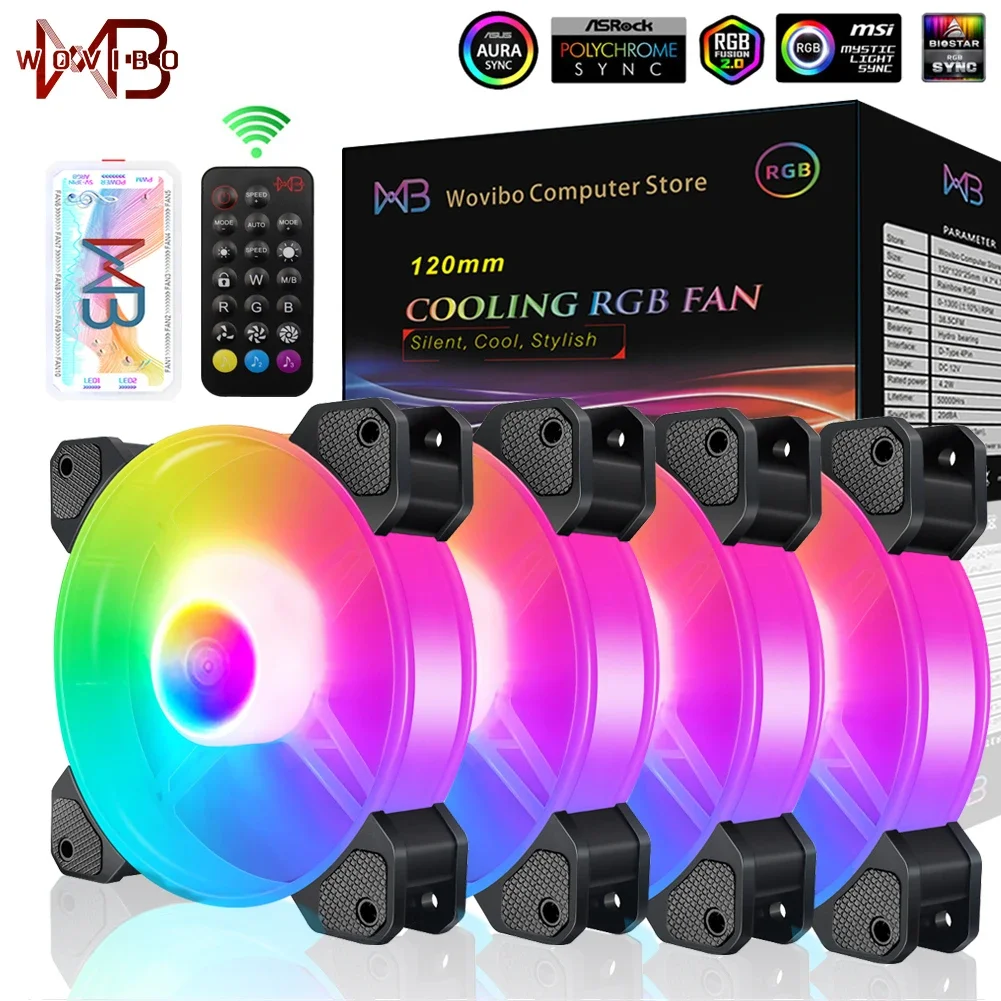 Wovibo RGB 환풍기 쿨러, 120mm 냉각 팬, 6 핀 음소거 PC, 컴퓨터 케이스 섀시, DIY 조정 쿨러, 5V 아우라 싱크 음악