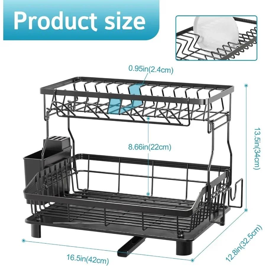 Dish Drying Rack 2 Tier Large Capacity Dish Rack Dish Racks for Kitchen Counter with Drainboard Rustproof Dish Drainer with Rem