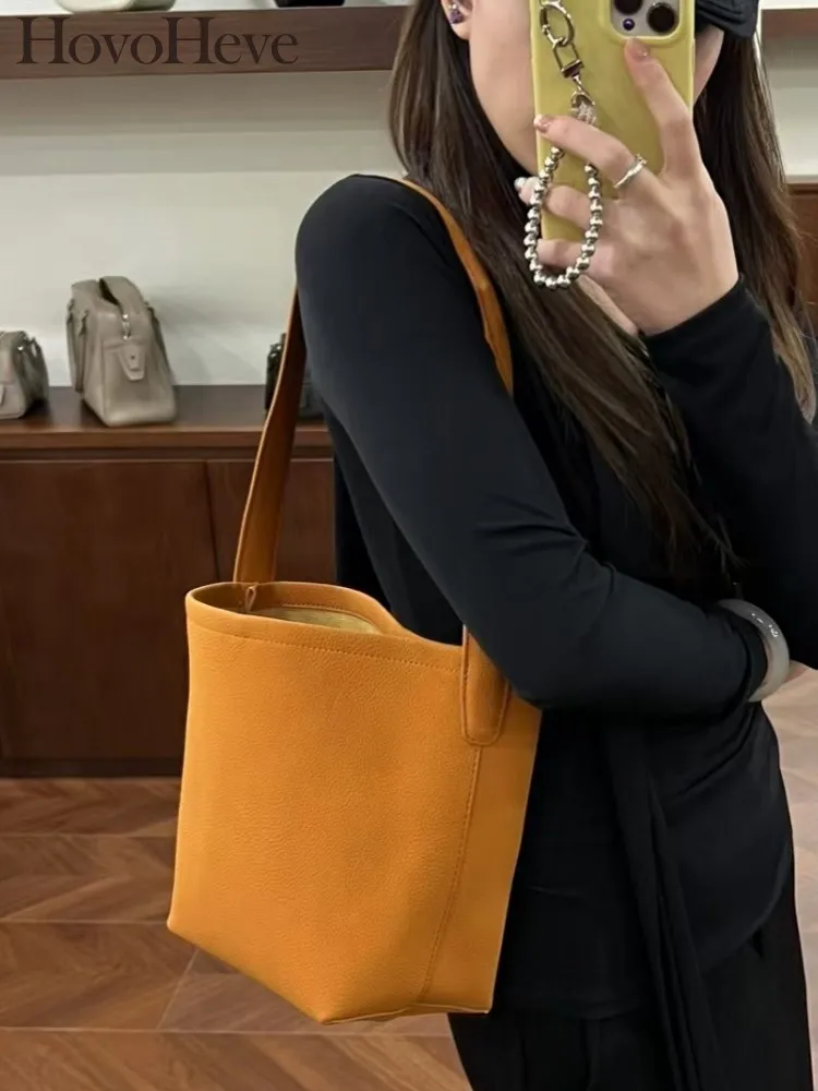 

New Women Bucket Style Soft Casual Handbag Office Cowhide Leather Shoulder Bag Multifunctional Fashionable Solid color Handbag