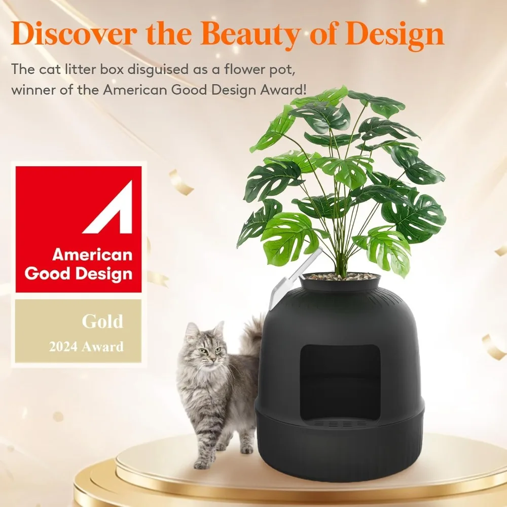 

Litter Box Cat with Faux Plant & Scoop, Hidden Enclosure Litter Tray with Odor Control & Carbon Filter in Living Room