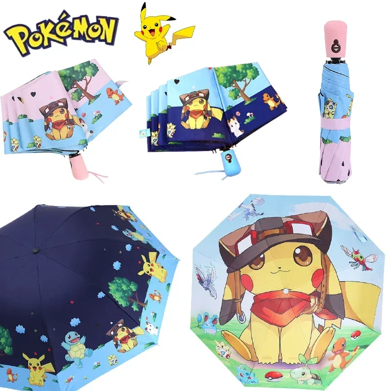 Pokemon Pikachu Children Sun Umbrella Folding Rain Hand Push Sun Protection Sun Shade Black Glue Boys Girls Windproof Umbrella