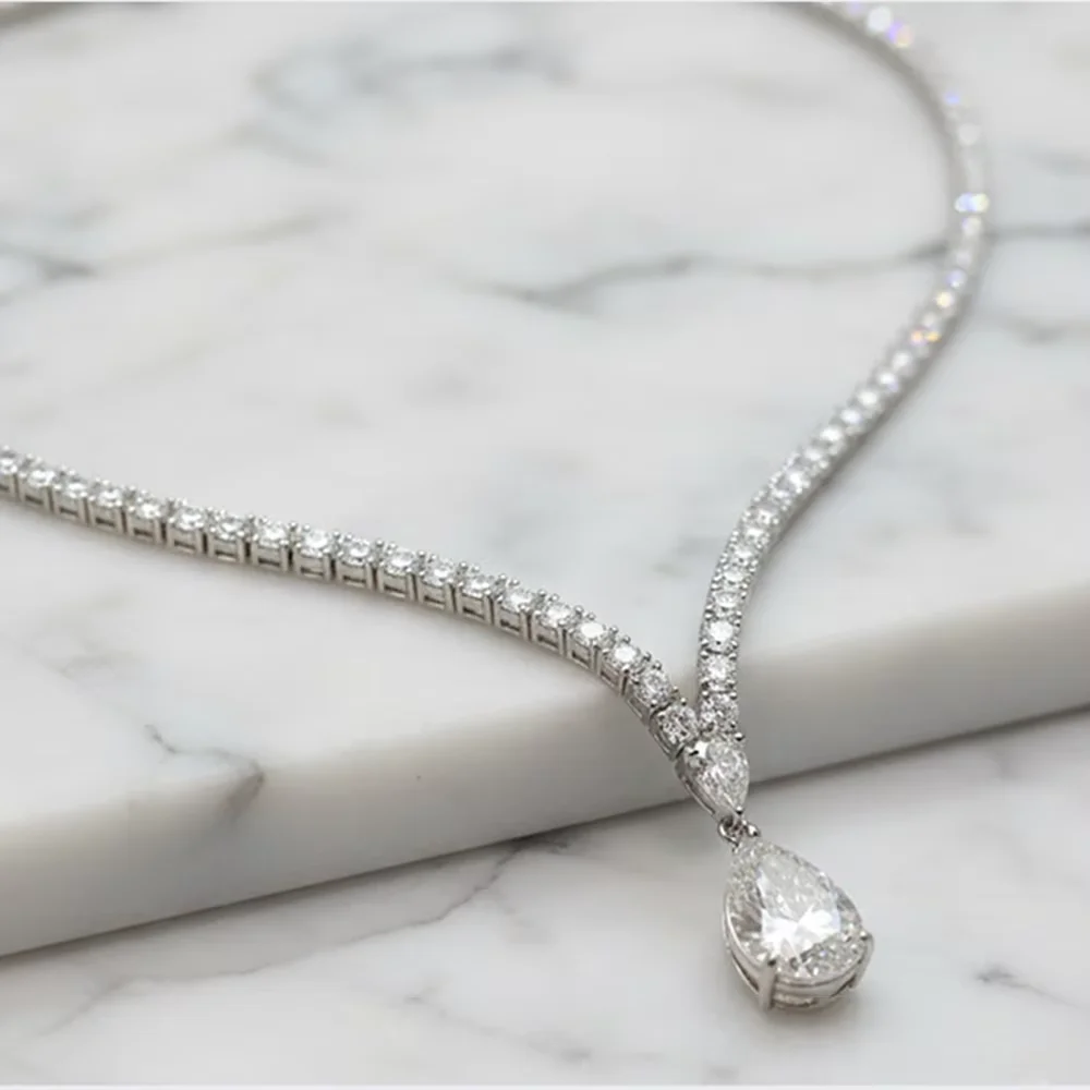 6Carat Pear Cut Full Moissanite Tennis Necklace for Women V-shape 3mm Round Cut Diamond S925 Silver WaterDrop Riviera Necklaces - view 5