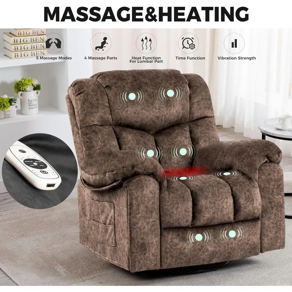 360°Swivel Vibrating Massage Fabric 22.8in Wide Recliner Chair with USB Port for Adults Living Room,Brown,Living Room Chairs