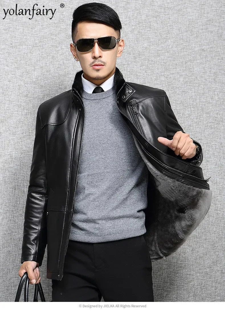 Genuine Leather and Fur Integrated Jacket Men Whole Mink Inner Stand Collar Pure Sheepskin Men's Leather Jacket Midium Fur Coat