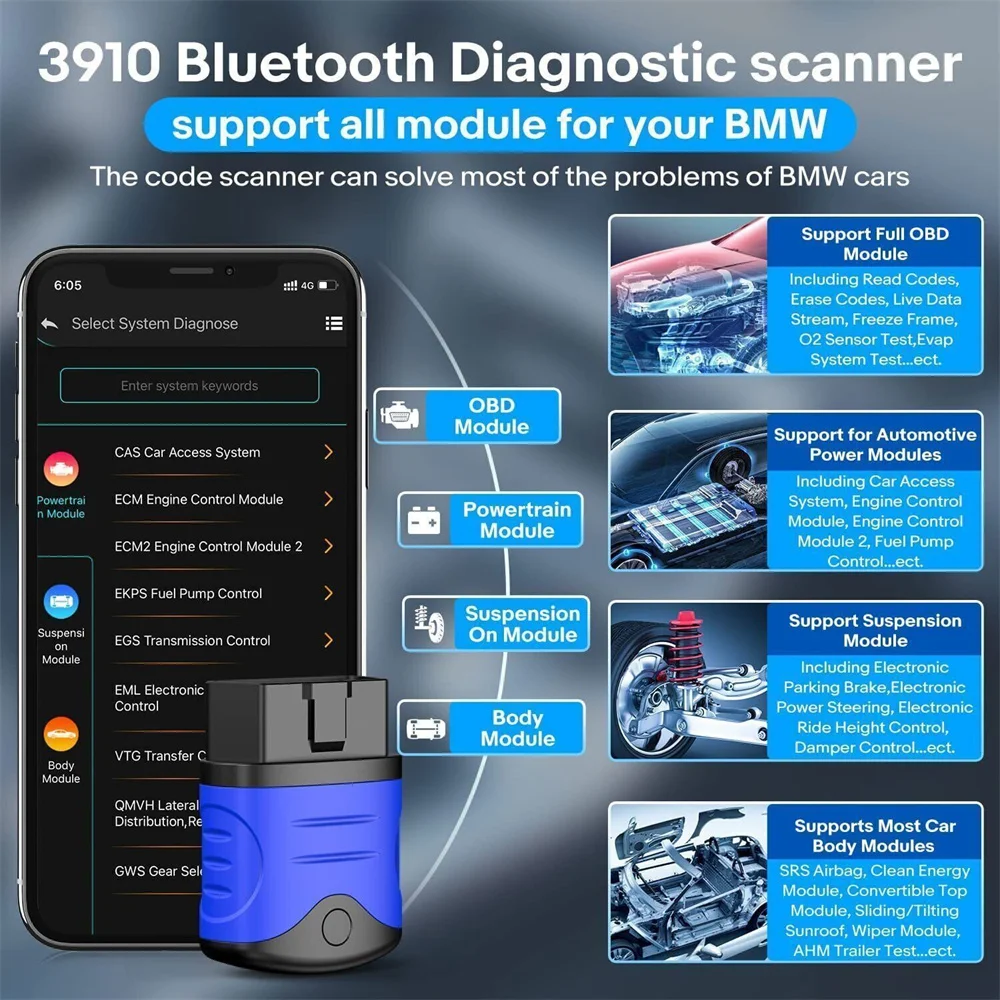 AUTOPHIX 3910 Bluetooth OBD2 Scanner for BMW/ MINI/ Rolls Royce Battery Registration EPB ETC Reset Throttle Learn Free Update