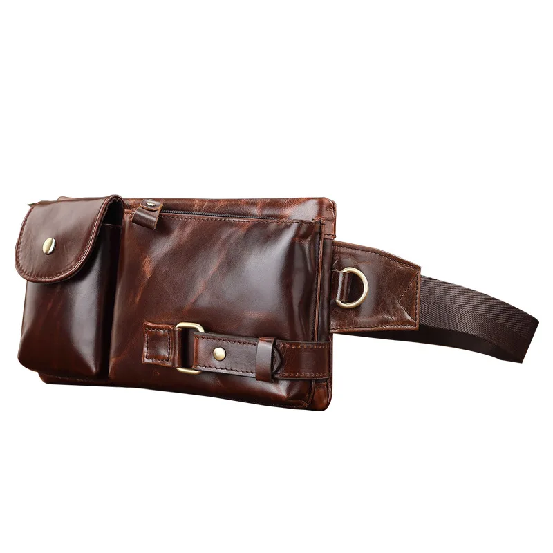 New Korean-style men's waist bag - Multi-functional outdoor sports waist and chest bag - Outer layer cowhide retro men's bag