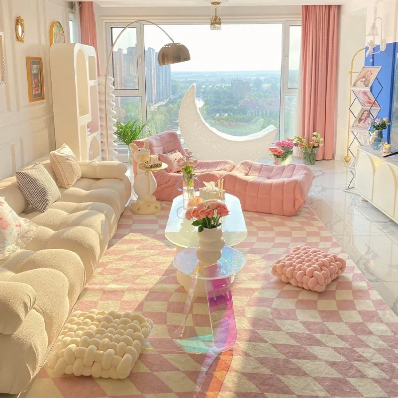 Modern Ins Plaid Living Room Carpet Pink Plush Soft Girls Bedroom Carpets Fashion Large Area Cloakroom Decorative Rug 핑크 러그