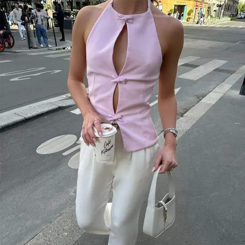 

Tuularose Bow Backless Vest Women Summer Sleeveless Halter Hollow Top Elegant Slim Skirt New Y2k Female Tanks Short Top Office