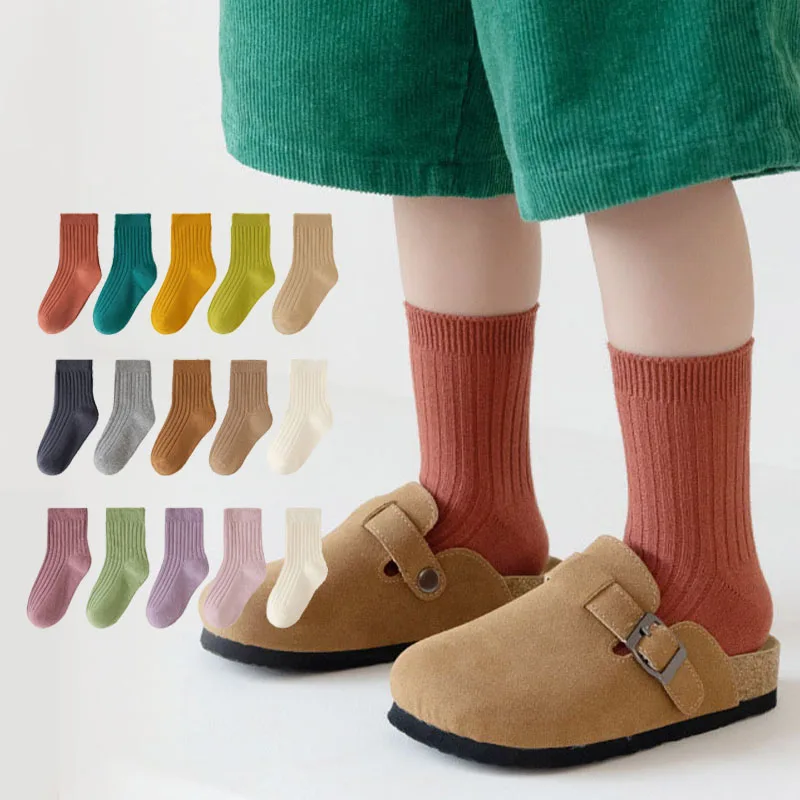 5 Pairs/Lot Children'S Socks Set Solid Color Double Needle Cotton Kids Mid-Tube Socks Candy Color Boys And Girls Student Socks