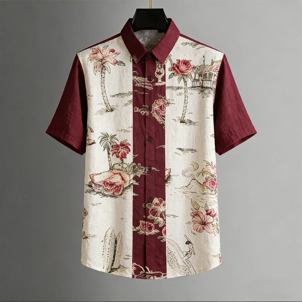 Men's Shirt Tropical Beach Floral Splicing Print Turn‑down Collar Short Sleeve Vacation Party Casual Button Down Men Clothes
