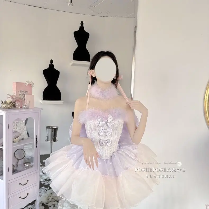 MAGOGO Lolita Sexy Sweet Spice Girl Skirts Set Pure Bow Slim Temperament Feather Sleeveless Top Y2k Puffy Mini Princess Skirt
