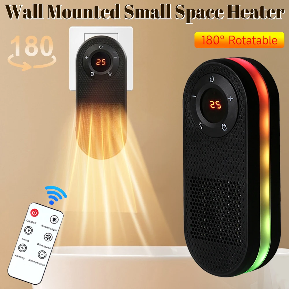 

Настенный обогреватель небольшого помещения 180° ° Вращающийся обогреватель с быстрым нагревом и дистанционным таймером, светодиодный дисплей, ночник для домашнего офиса, стола