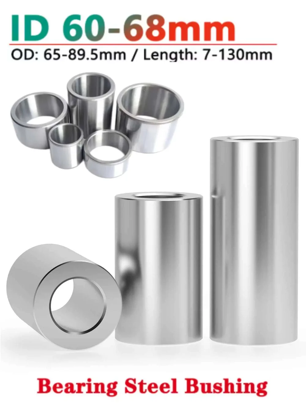 60-68mm ID Bearing Steel Bushing Hollow Shaft Sleeve OD 65-89.5mm L7-130mm Wear Resistant Guide Spacer for Machinery Repair