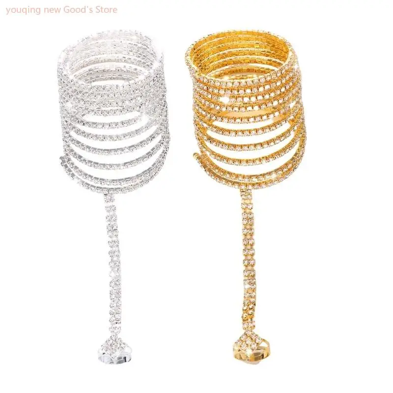 

49ME Multi Layer Crystal Coils Bracelet for Women Rhinestones Stretch Bangle Open Bangle Upper Arm Jewelry