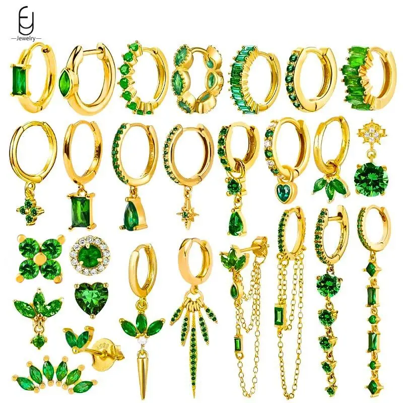 925 Sterling Silver Needle Green Zircon Gold Earrings Heart Hoop Earrings for Women Delicate Stud Earrings Luxury Jewelry Gifts