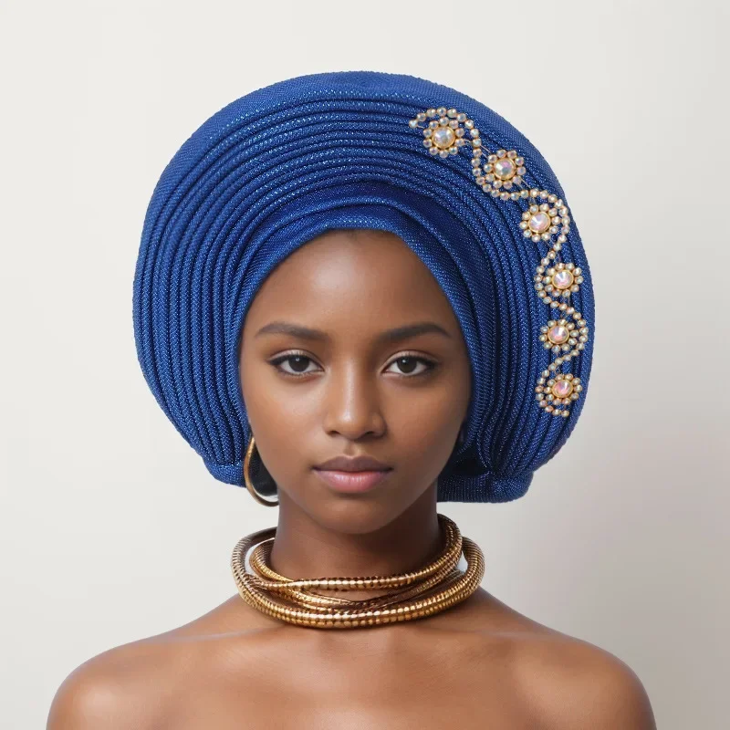 Aso Oke Nigeria for Traditional Hijab Hats for Women Gele Headtie Already Made Fashion Bonnet African Head Wraps High Quality