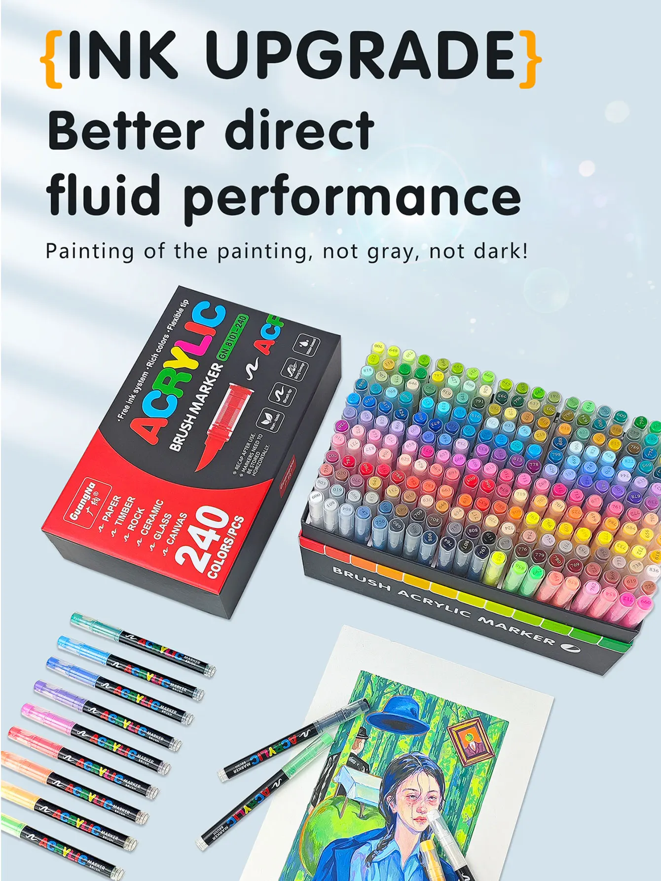 مجموعة أقلام تحديد أكريليك مكونة من 240 لونًا من Guangna، أقلام تحديد سائلة مباشرة، أقلام طلاء جرافيتي فنية للطلاب