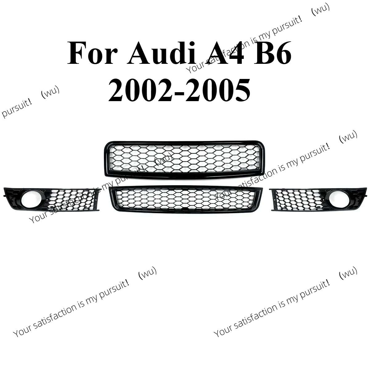 For Audi A4 B6 2002-2005 RS Front Grille Set - Gloss Black Honeycomb Mesh Upper+Lower+Middle Grilles with Fog Light Covers