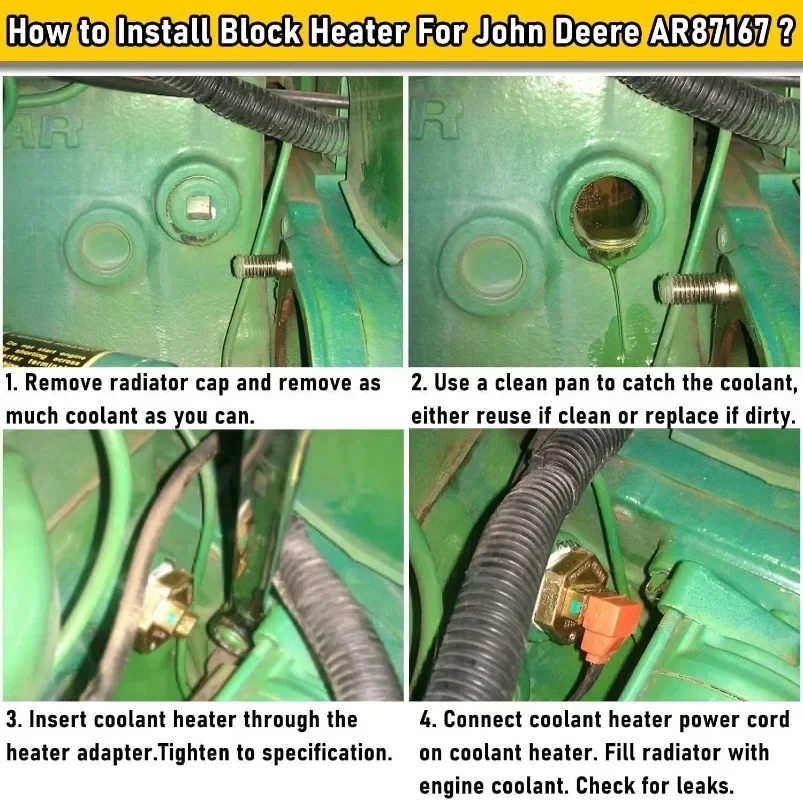 Engine Block Coolant Heater Kit for John Deere 1025R 110 2210 2305 4210 445 X495 XUV Gator 850D 855D 855M 865E AR87167