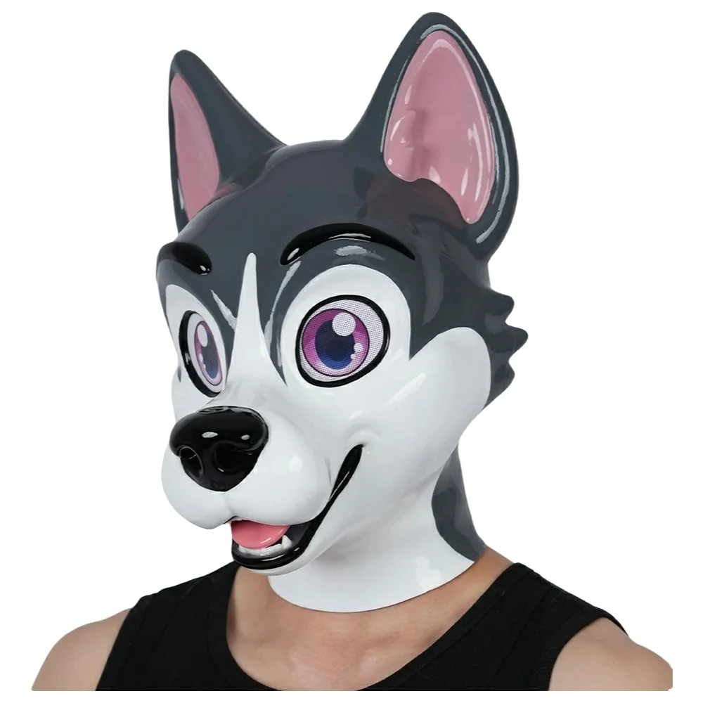 Furrjoi Husky Silikon-Fursuit-Stil Kopfteil Grauer Hauptschalen-Hundekopf für Cosplay-Kostüme, Hunde-Spiel-Partys, Furry-Maske zum Tragen