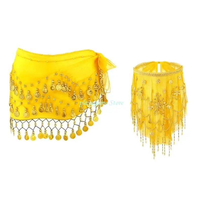 Y88A 2 قطعة أزياء الرقص الشرقي الرقص الشرقي وشاح الورك القبلية حجاب الوجه مع الترتر المطرز الراقصة الزي مجموعة للمرأة