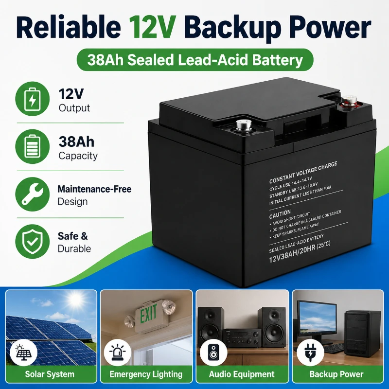 12V 38AH Maintenance Free Rechargeable Lead Acid Battery Large Capacity Energy Storage Battery for Solar System Trolley Speaker