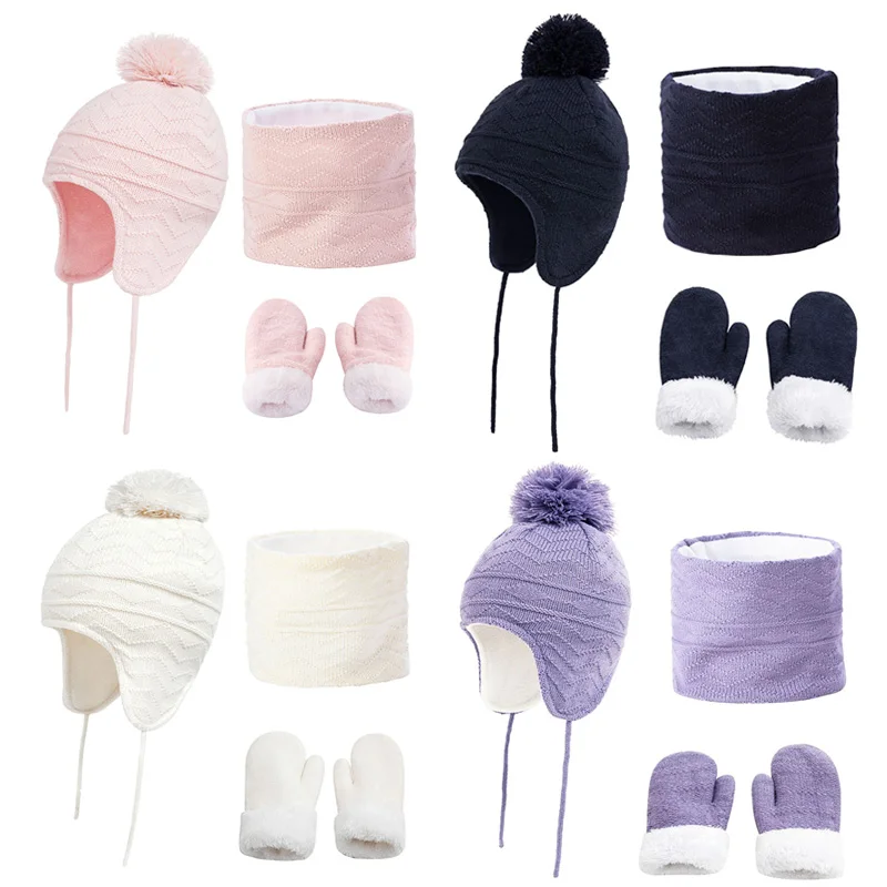 4Pcs Baby Winter Hat Scarf Gloves Set Fleece Knitted Infant Bonnet Kids Beanie Hats Neck Warmer Mittens Pompom Children Cap S/L