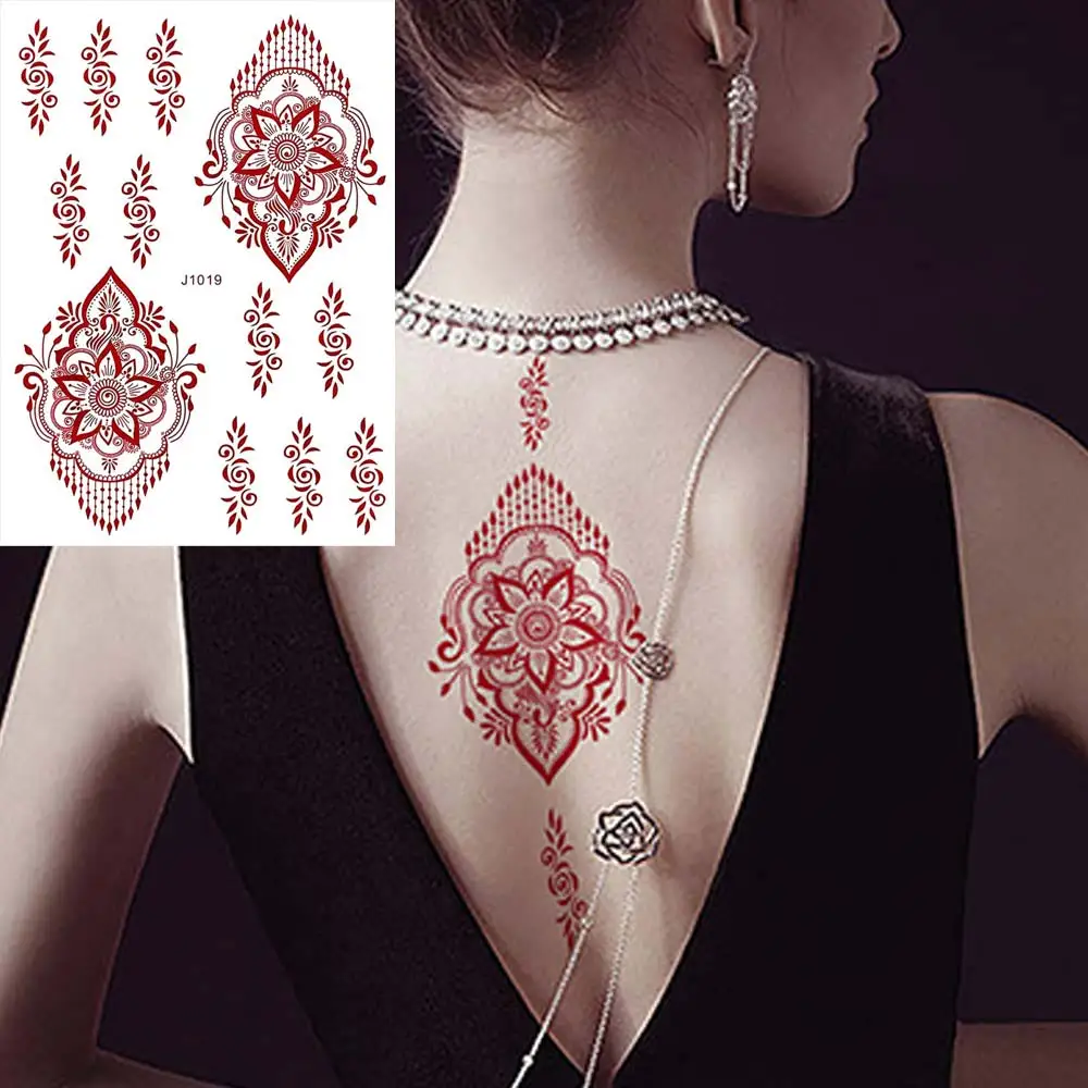 10 Pcs/Set Maroon Color Henna Tattoo Stickers for Hand Brown Red Henna Tattoos for Women Waterproof Temporary Mehndi Tattoo Fake