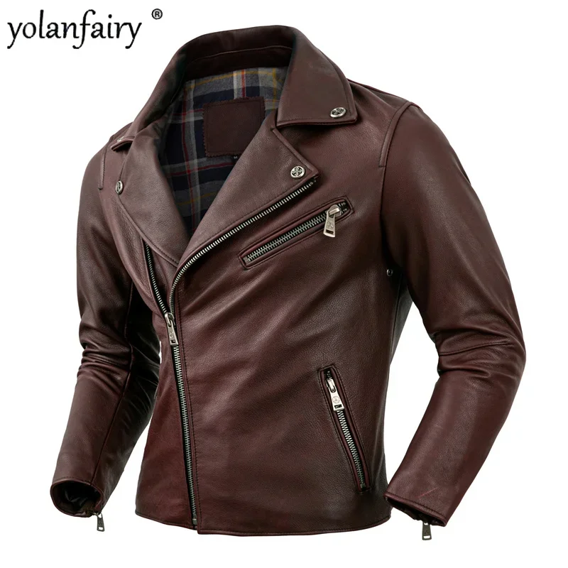 

YOLANFAIRY 100% Genuine Leather Jacket Man Motorcycle Thickened Cowhide Leather Coat Male Autumn Jacket Maroon Chaquetas Hombre