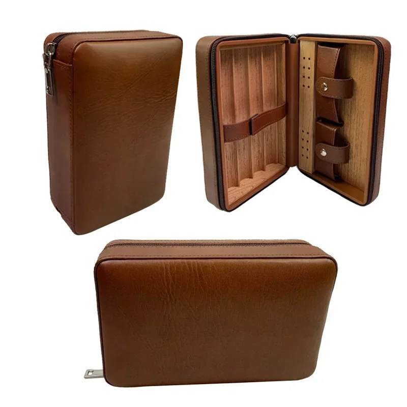 Classic Leather Cigar Case Portable humidor holder Cedar Wood box  (no lighter cutter)