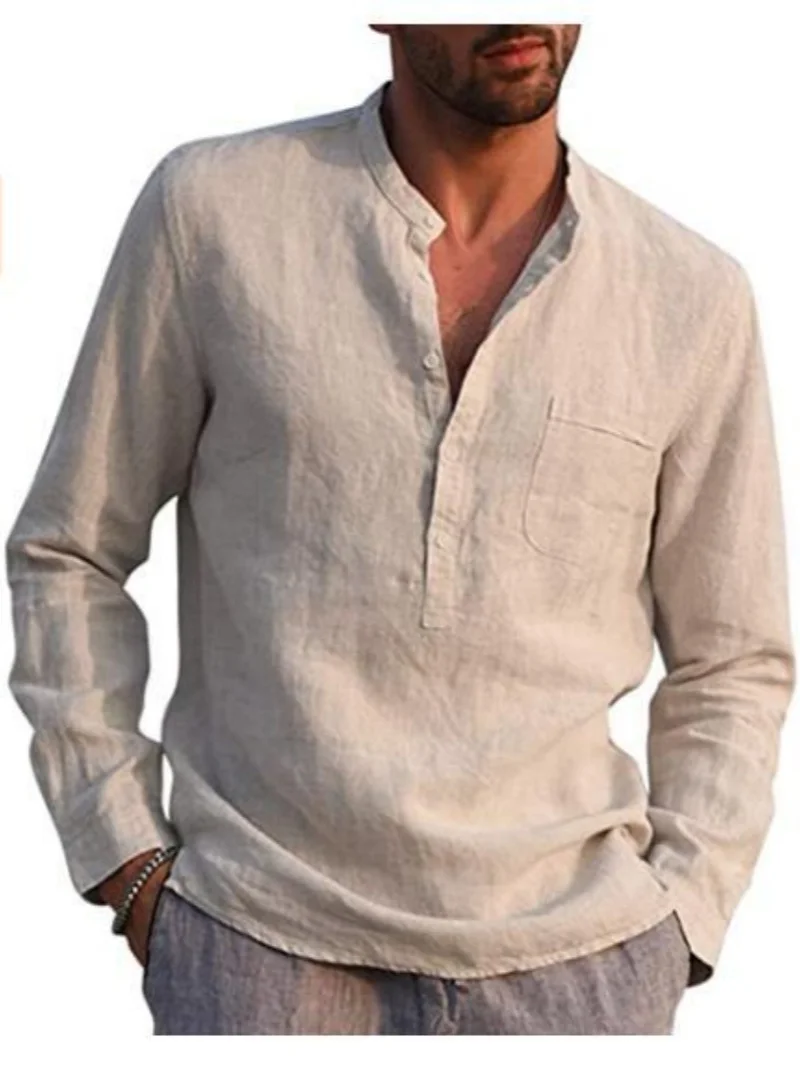 Camisa Casual de Manga Larga para Hombre, Mezcla de Lino, Cuello en V, Cierre de Botones, Estilo Henley, Corte Holgado, Transpirable y Ligera
