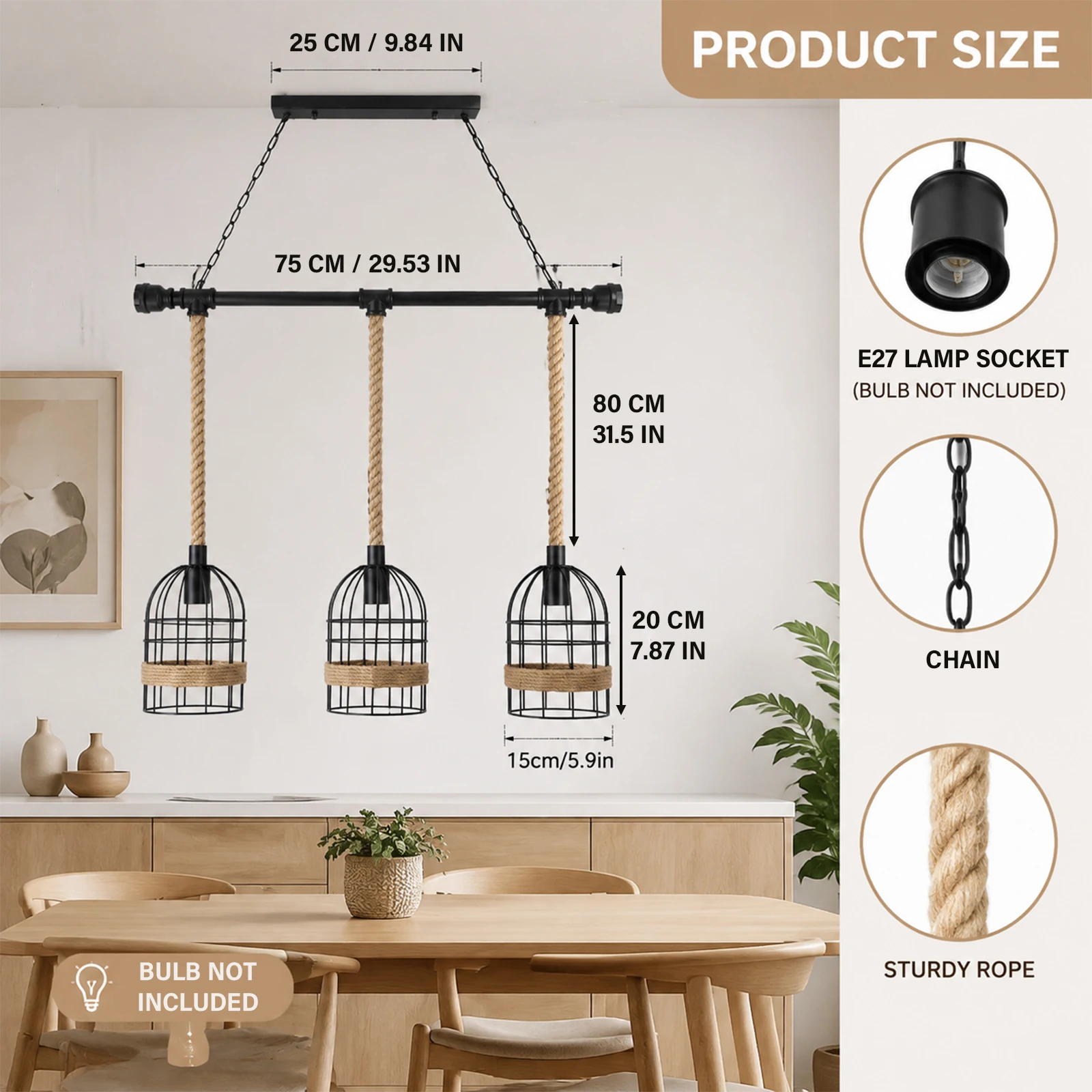 3 Light Pendant Light, Black Metal Cage Shade, Hemp Rope Pipe Chandelier, Farmhouse Dining Room