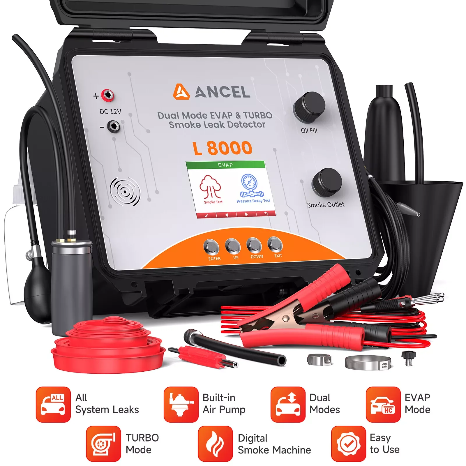 

ANCEL L8000 Color LCD Screen EVAP Smoke Machine Turbo Systems Leak Detector Turbo System Built-in Air Pump Dual Mode Diagnostic